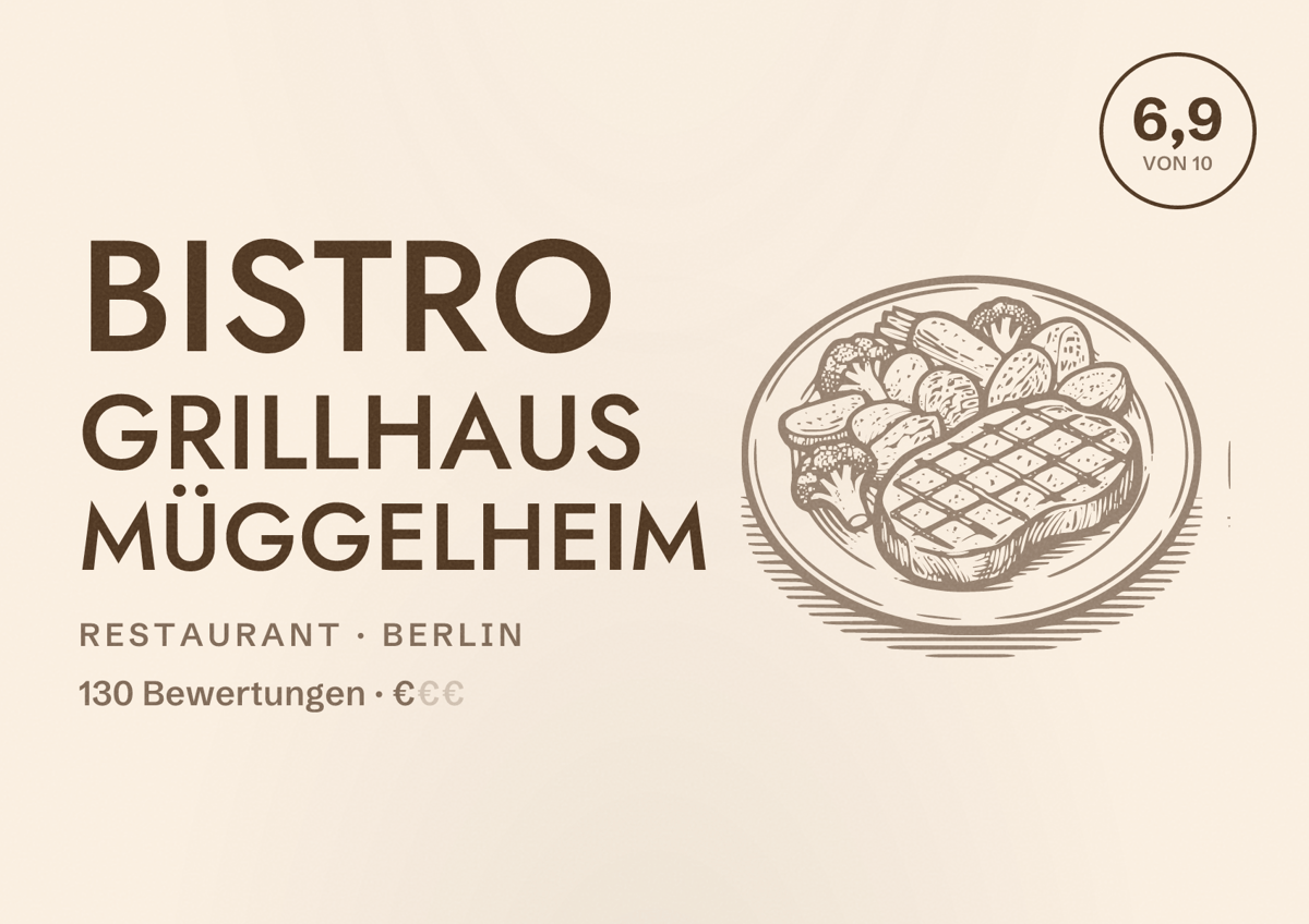 Illustriertes Poster von Bistro Grillhaus Müggelheim, Restaurant in Berlin: Bewertung 6,9 von 10 aus 130 Bewertungen, Preisniveau €