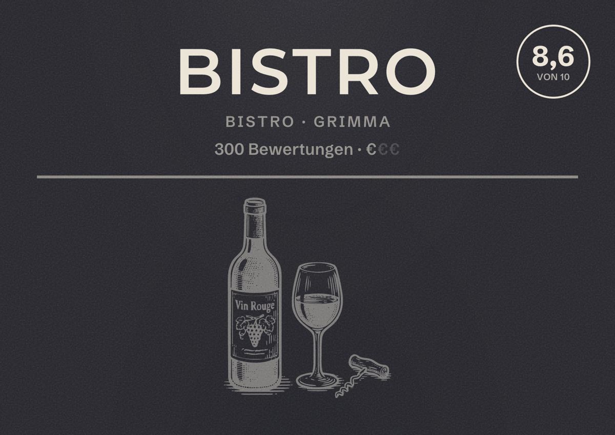 Illustriertes Poster von Bistro, Bistro in Grimma: Bewertung 8,6 von 10 aus 300 Bewertungen, Preisniveau €