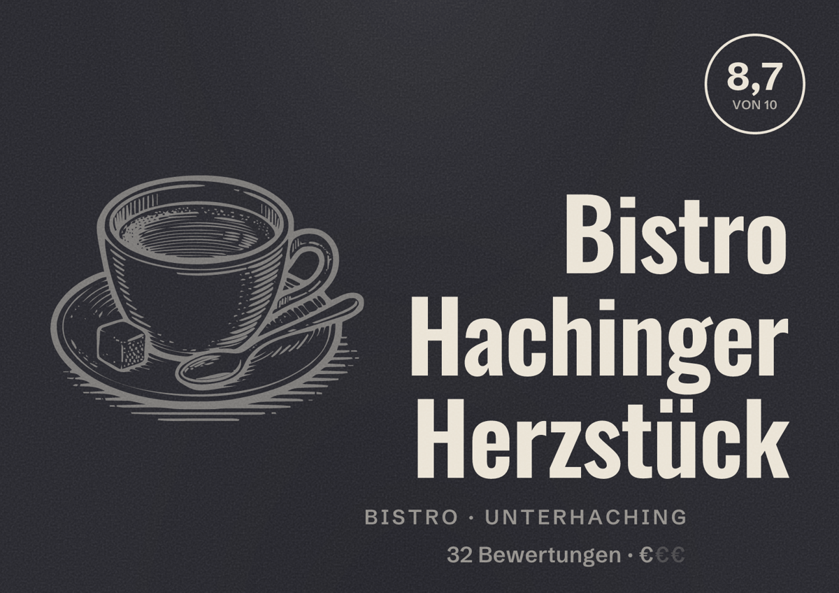 Illustriertes Poster von Bistro Hachinger Herzstück, Bistro in Unterhaching: Bewertung 8,7 von 10 aus 32 Bewertungen, Preisniveau €
