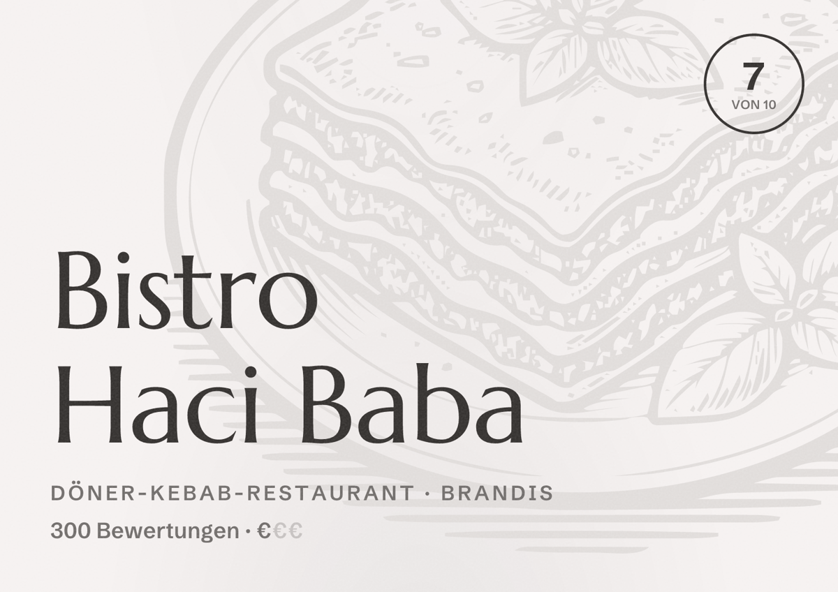 Illustriertes Poster von Bistro Haci Baba, Döner-Kebab-Restaurant in Brandis: Bewertung 7 von 10 aus 300 Bewertungen, Preisniveau €