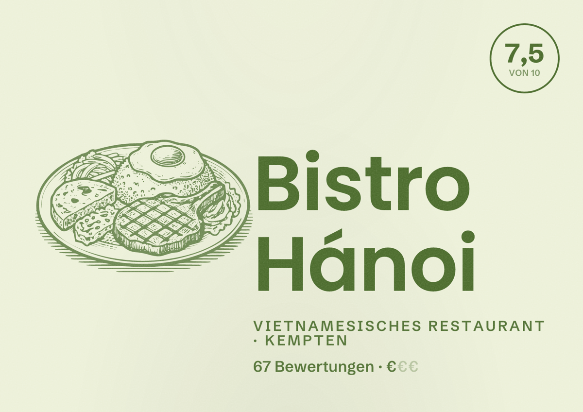 Illustriertes Poster von Bistro Hánoi, Vietnamesisches Restaurant in Kempten: Bewertung 7,5 von 10 aus 67 Bewertungen, Preisniveau €