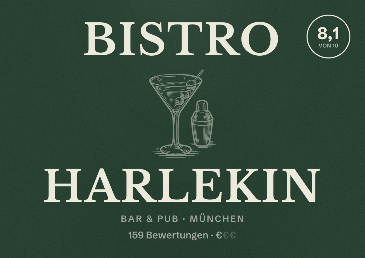 Illustriertes Poster von Bistro Harlekin, Bar & Pub in München: Bewertung 8,1 von 10 aus 159 Bewertungen, Preisniveau €