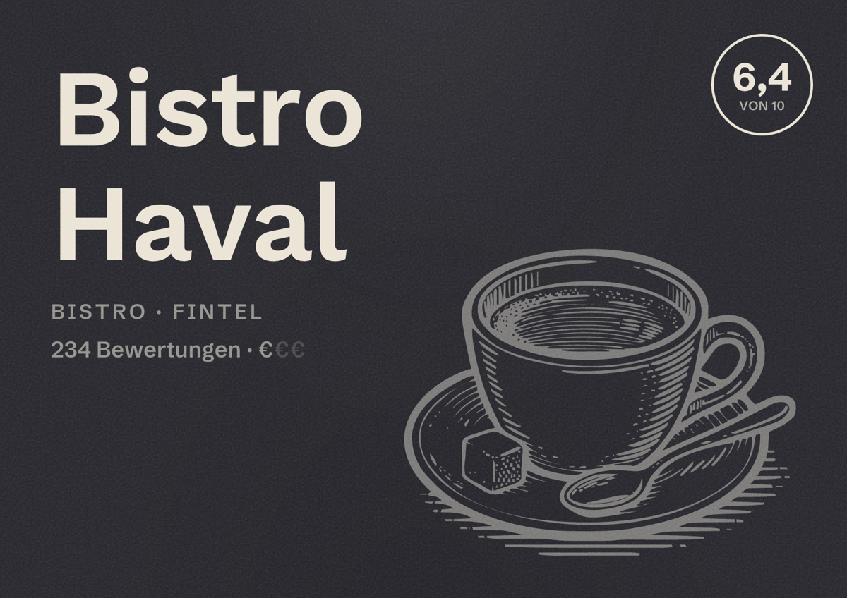 Illustriertes Poster von Bistro Haval, Bistro in Fintel: Bewertung 6,4 von 10 aus 234 Bewertungen, Preisniveau €