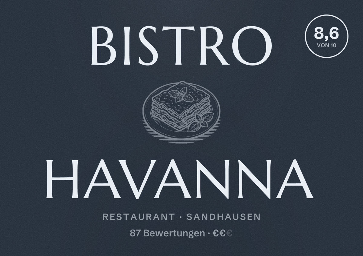 Illustriertes Poster von Bistro Havanna, Restaurant in Sandhausen: Bewertung 8,6 von 10 aus 87 Bewertungen, Preisniveau €€
