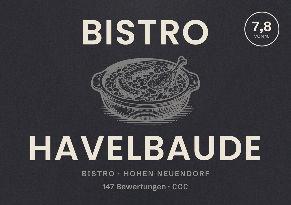 Illustriertes Poster von Bistro Havelbaude, Bistro in Hohen Neuendorf: Bewertung 7,8 von 10 aus 147 Bewertungen, Preisniveau €€€