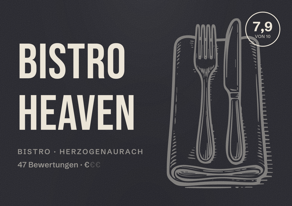 Illustriertes Poster von Bistro Heaven, Bistro in Herzogenaurach: Bewertung 7,9 von 10 aus 47 Bewertungen, Preisniveau €