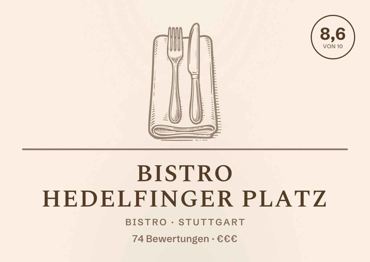 Illustriertes Poster von Bistro Hedelfinger Platz, Bistro in Stuttgart: Bewertung 8,6 von 10 aus 74 Bewertungen, Preisniveau €€€