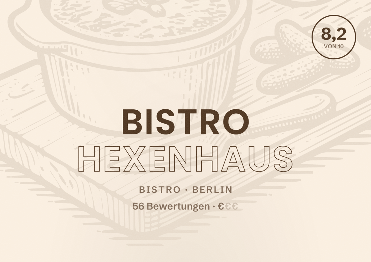Illustriertes Poster von Bistro Hexenhaus, Bistro in Berlin: Bewertung 8,2 von 10 aus 56 Bewertungen, Preisniveau €