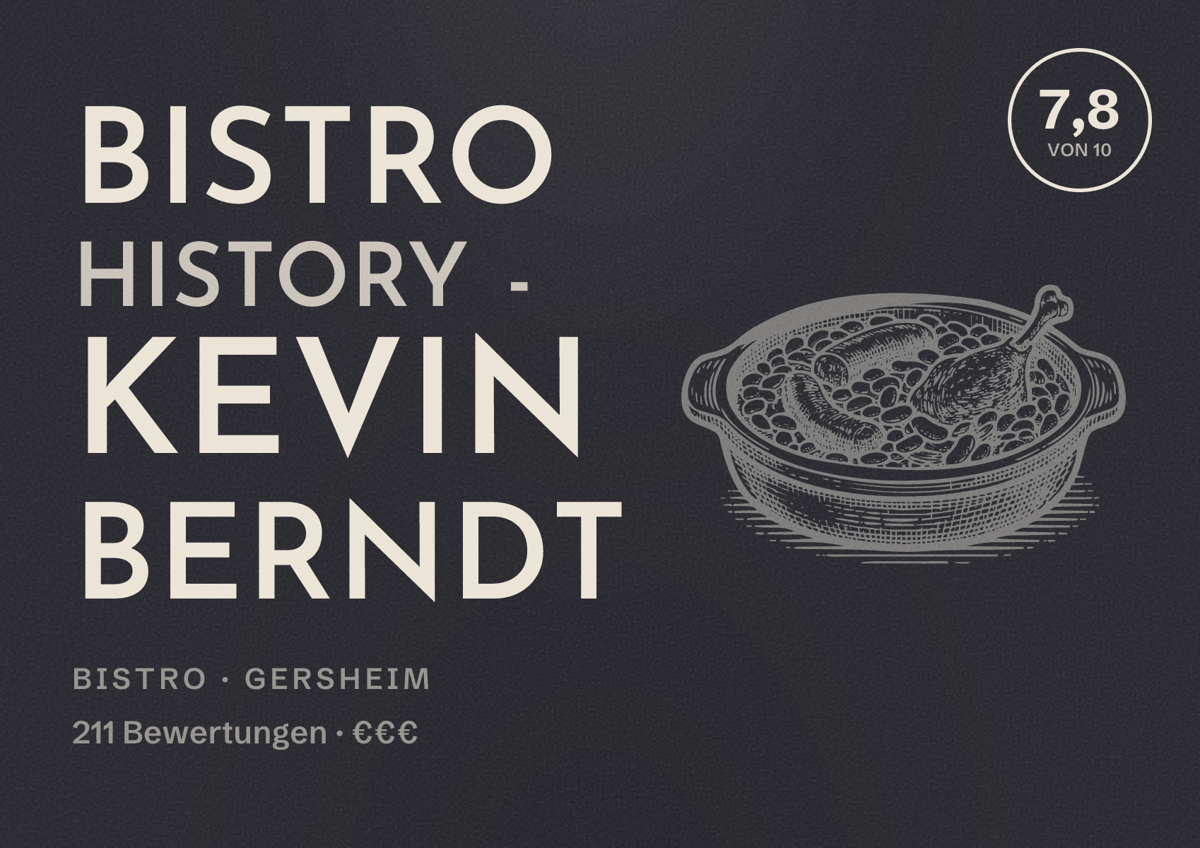 Illustriertes Poster von Bistro History - Kevin Berndt, Bistro in Gersheim: Bewertung 7,8 von 10 aus 211 Bewertungen, Preisniveau €€€