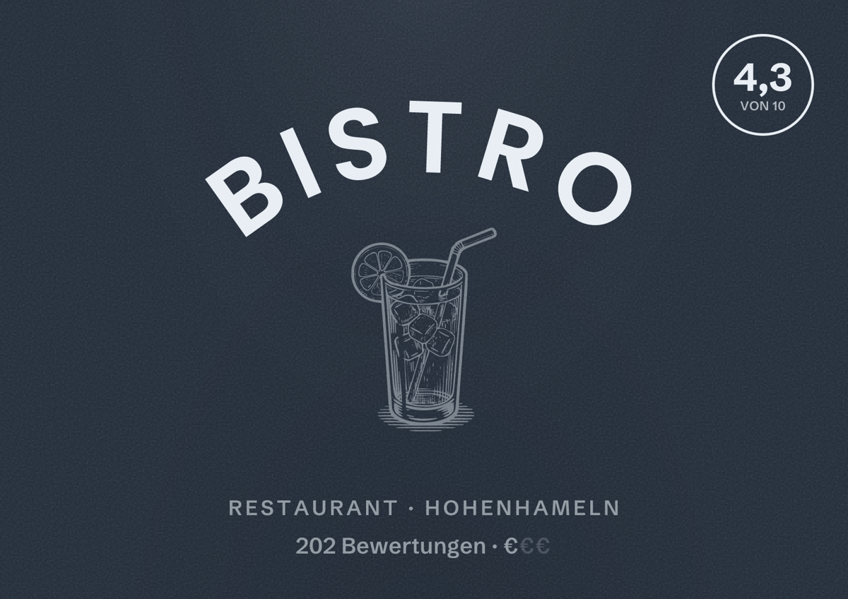 Illustriertes Poster von Bistro, Restaurant in Hohenhameln: Bewertung 4,3 von 10 aus 202 Bewertungen, Preisniveau €