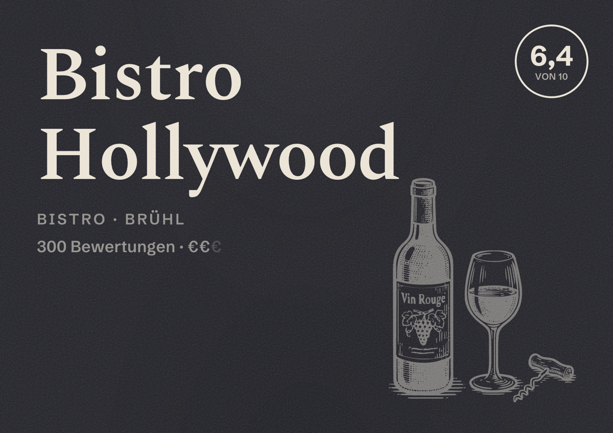 Illustriertes Poster von Bistro Hollywood, Bistro in Brühl: Bewertung 6,4 von 10 aus 300 Bewertungen, Preisniveau €€