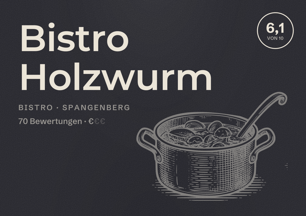 Illustriertes Poster von Bistro Holzwurm, Bistro in Spangenberg: Bewertung 6,1 von 10 aus 70 Bewertungen, Preisniveau €