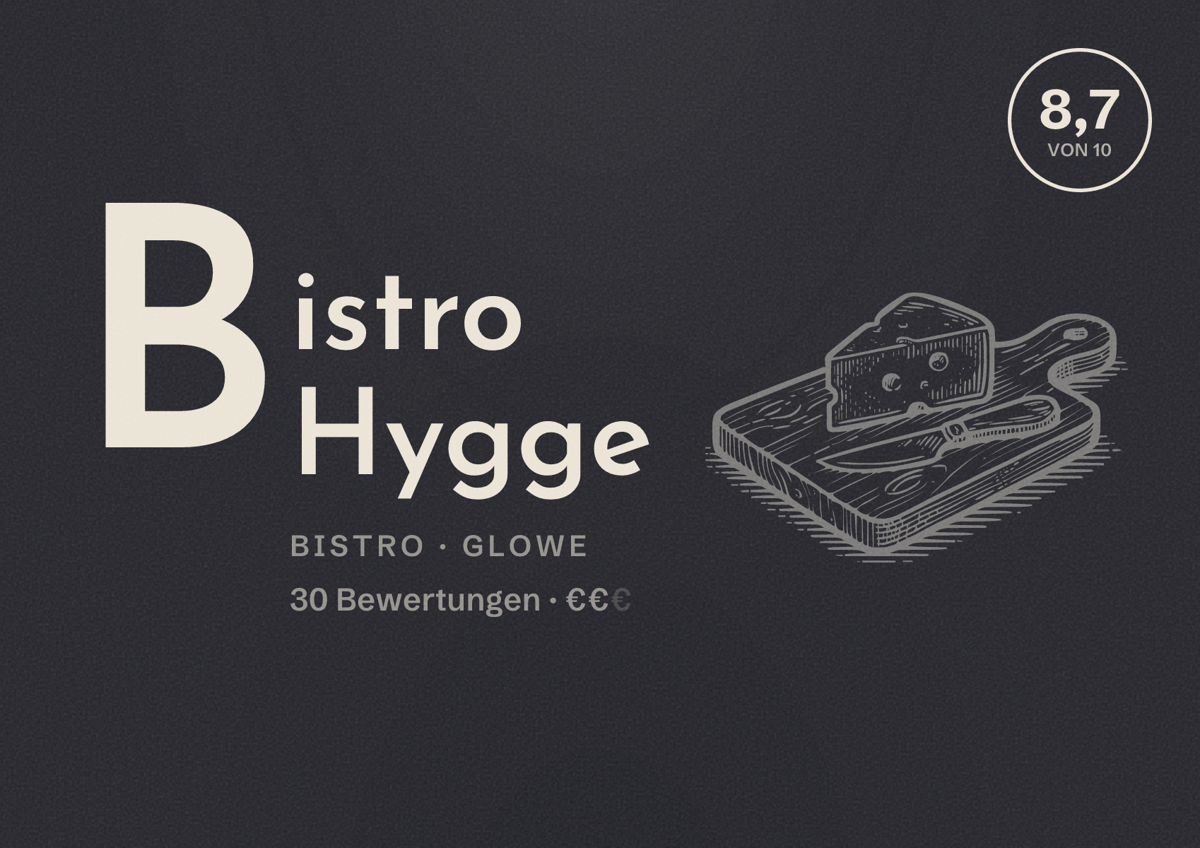 Illustriertes Poster von Bistro Hygge, Bistro in Glowe: Bewertung 8,7 von 10 aus 30 Bewertungen, Preisniveau €€