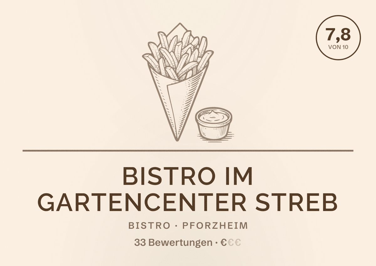 Illustriertes Poster von Bistro im Gartencenter Streb, Bistro in Pforzheim: Bewertung 7,8 von 10 aus 33 Bewertungen, Preisniveau €