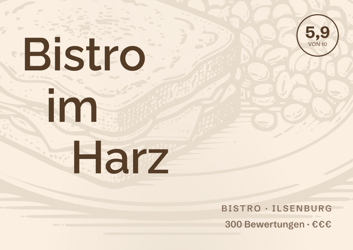 Illustriertes Poster von Bistro im Harz, Bistro in Ilsenburg: Bewertung 5,9 von 10 aus 300 Bewertungen, Preisniveau €€€