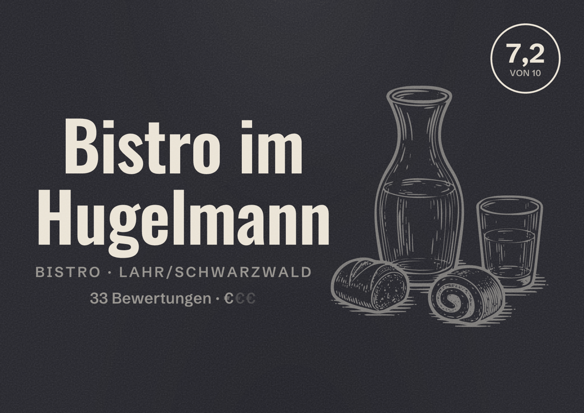 Illustriertes Poster von Bistro im Hugelmann, Bistro in Lahr/Schwarzwald: Bewertung 7,2 von 10 aus 33 Bewertungen, Preisniveau €