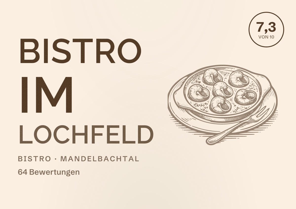 Illustriertes Poster von Bistro im Lochfeld, Bistro in Mandelbachtal: Bewertung 7,3 von 10 aus 64 Bewertungen