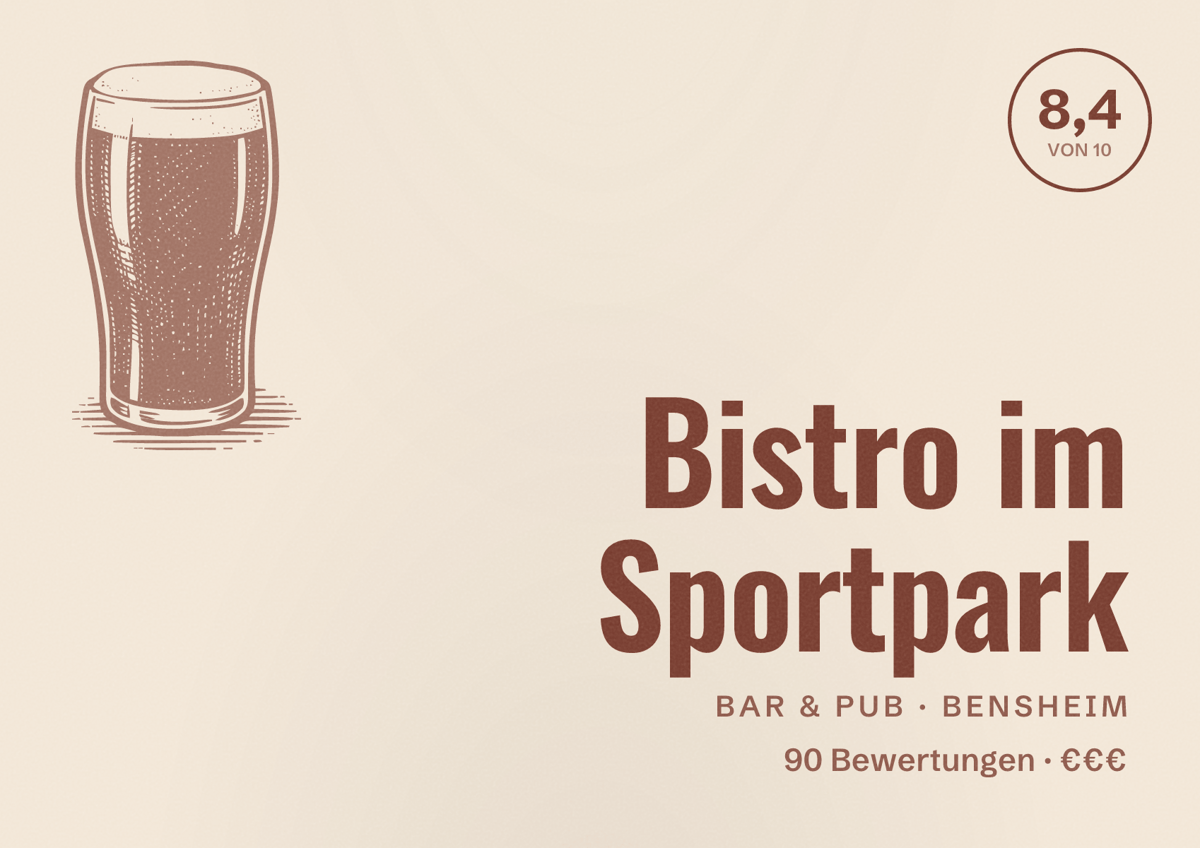 Illustriertes Poster von Bistro im Sportpark, Bar & Pub in Bensheim: Bewertung 8,4 von 10 aus 90 Bewertungen, Preisniveau €€€