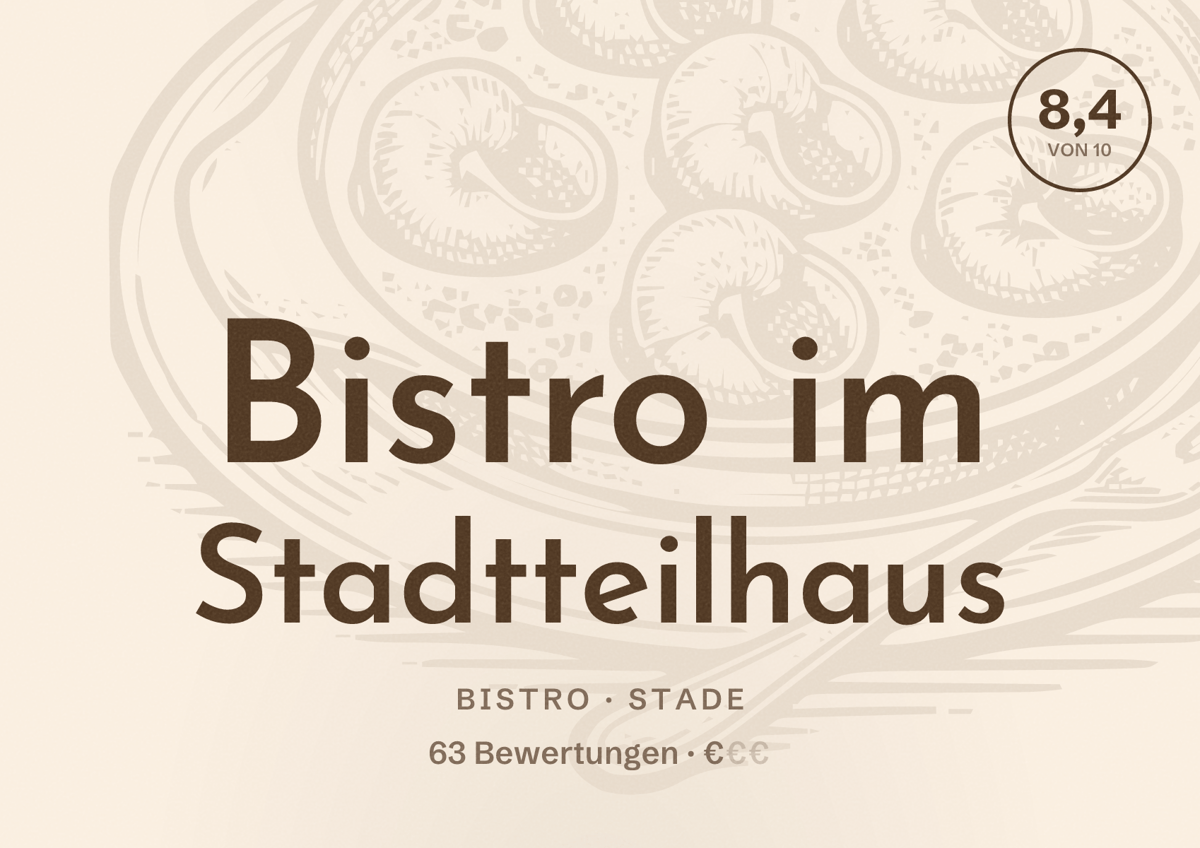 Illustriertes Poster von Bistro im Stadtteilhaus, Bistro in Stade: Bewertung 8,4 von 10 aus 63 Bewertungen, Preisniveau €