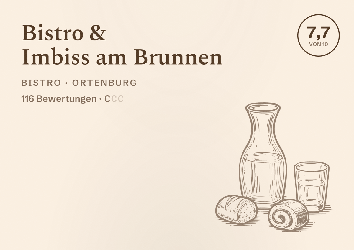 Illustriertes Poster von Bistro & Imbiss am Brunnen, Bistro in Ortenburg: Bewertung 7,7 von 10 aus 116 Bewertungen, Preisniveau €