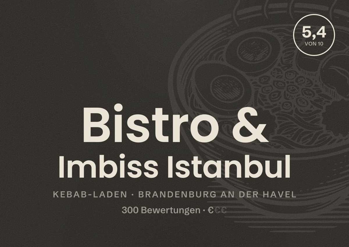 Illustriertes Poster von Bistro & Imbiss Istanbul, Kebab-Laden in Brandenburg an der Havel: Bewertung 5,4 von 10 aus 300 Bewertungen, Preisniveau €
