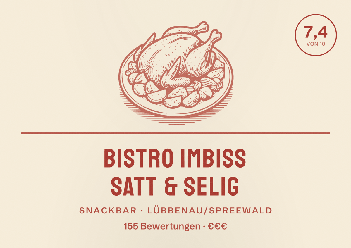 Illustriertes Poster von Bistro Imbiss satt & selig, Snackbar in Lübbenau/Spreewald: Bewertung 7,4 von 10 aus 155 Bewertungen, Preisniveau €€€