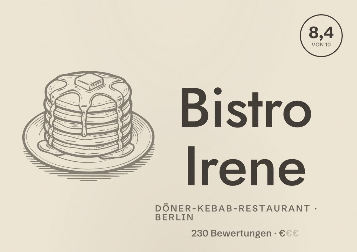 Illustriertes Poster von Bistro Irene, Döner-Kebab-Restaurant in Berlin: Bewertung 8,4 von 10 aus 230 Bewertungen, Preisniveau €