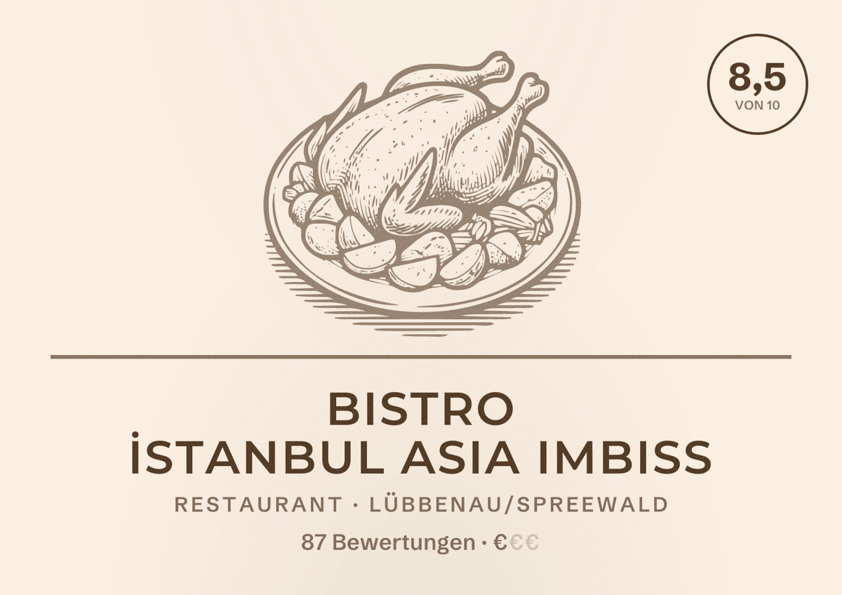 Illustriertes Poster von Bistro İstanbul Asia Imbiss, Restaurant in Lübbenau/Spreewald: Bewertung 8,5 von 10 aus 87 Bewertungen, Preisniveau €