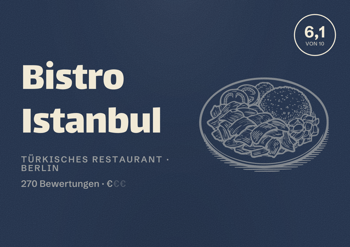Illustriertes Poster von Bistro Istanbul, Türkisches Restaurant in Berlin: Bewertung 6,1 von 10 aus 270 Bewertungen, Preisniveau €