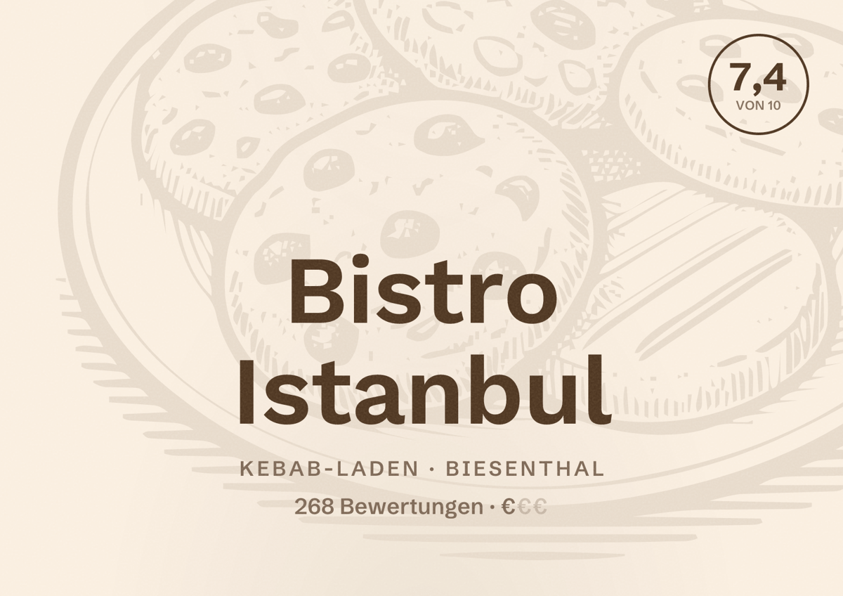 Illustriertes Poster von Bistro Istanbul, Kebab-Laden in Biesenthal: Bewertung 7,4 von 10 aus 268 Bewertungen, Preisniveau €