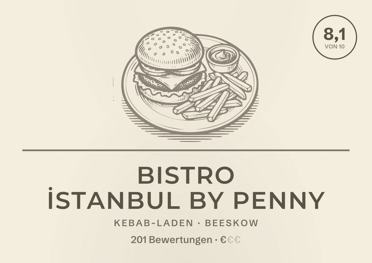 Illustriertes Poster von Bistro İstanbul by PENNY, Kebab-Laden in Beeskow: Bewertung 8,1 von 10 aus 201 Bewertungen, Preisniveau €