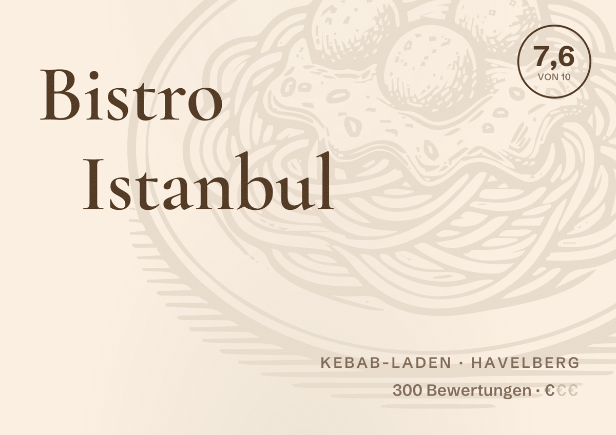 Illustriertes Poster von Bistro Istanbul, Kebab-Laden in Havelberg: Bewertung 7,6 von 10 aus 300 Bewertungen, Preisniveau €