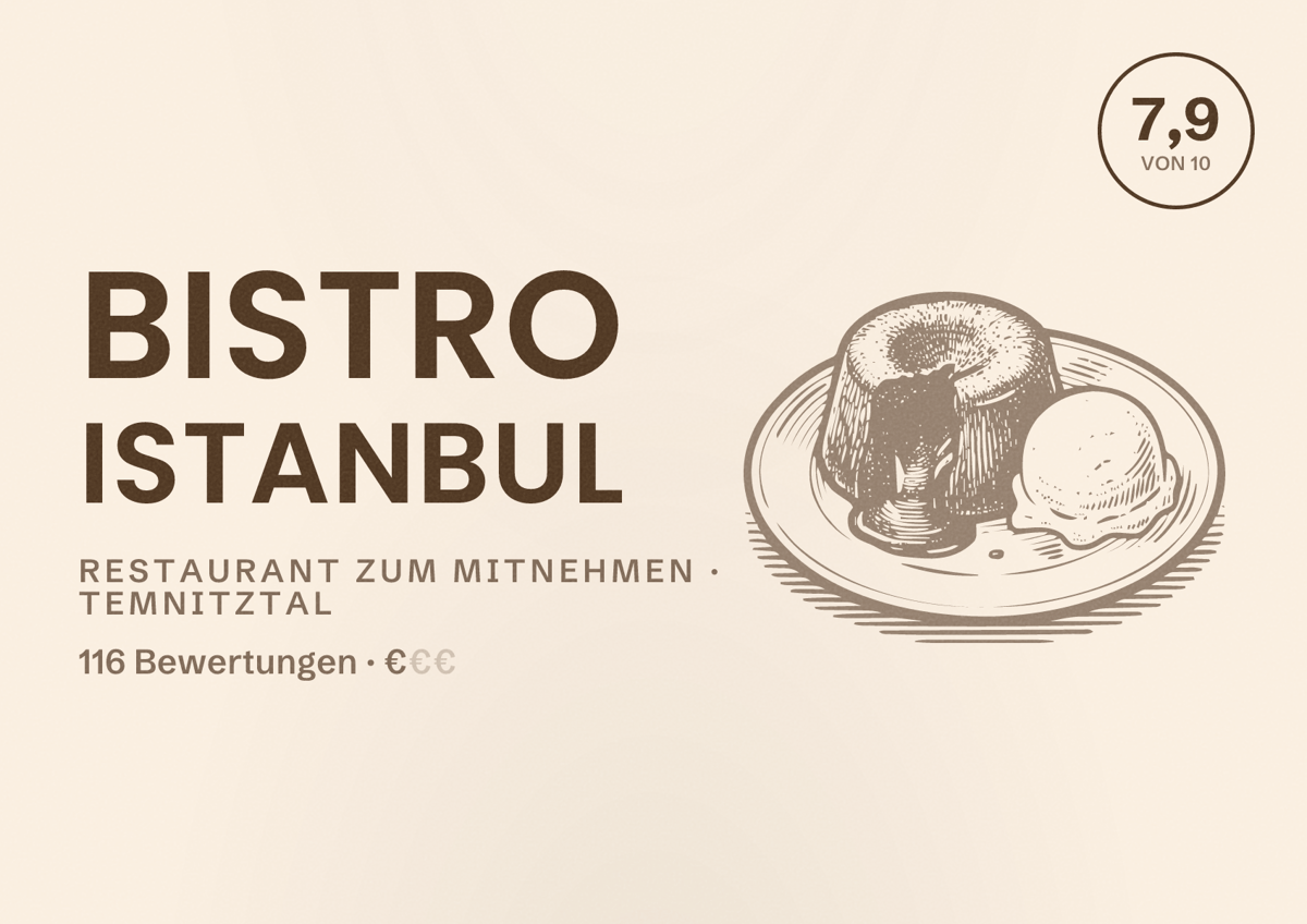 Illustriertes Poster von Bistro Istanbul, Restaurant zum Mitnehmen in Temnitztal: Bewertung 7,9 von 10 aus 116 Bewertungen, Preisniveau €