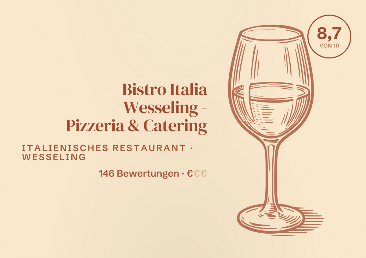 Illustriertes Poster von Bistro Italia Wesseling - Pizzeria & Catering, Italienisches Restaurant in Wesseling: Bewertung 8,7 von 10 aus 146 Bewertungen, Preisniveau €