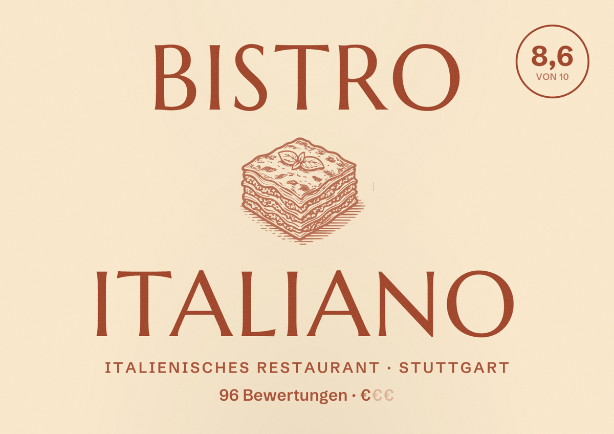 Illustriertes Poster von Bistro Italiano, Italienisches Restaurant in Stuttgart: Bewertung 8,6 von 10 aus 96 Bewertungen, Preisniveau €