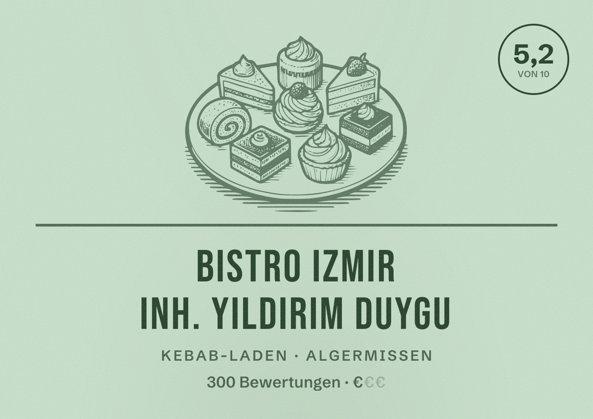 Illustriertes Poster von Bistro Izmir Inh. Yildirim Duygu, Kebab-Laden in Algermissen: Bewertung 5,2 von 10 aus 300 Bewertungen, Preisniveau €