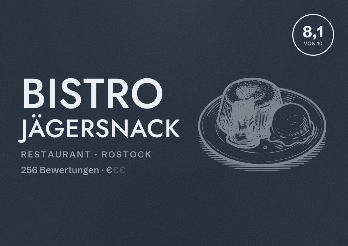 Illustriertes Poster von Bistro Jägersnack, Restaurant in Rostock: Bewertung 8,1 von 10 aus 256 Bewertungen, Preisniveau €