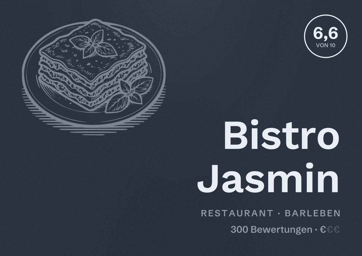 Illustriertes Poster von Bistro Jasmin, Restaurant in Barleben: Bewertung 6,6 von 10 aus 300 Bewertungen, Preisniveau €