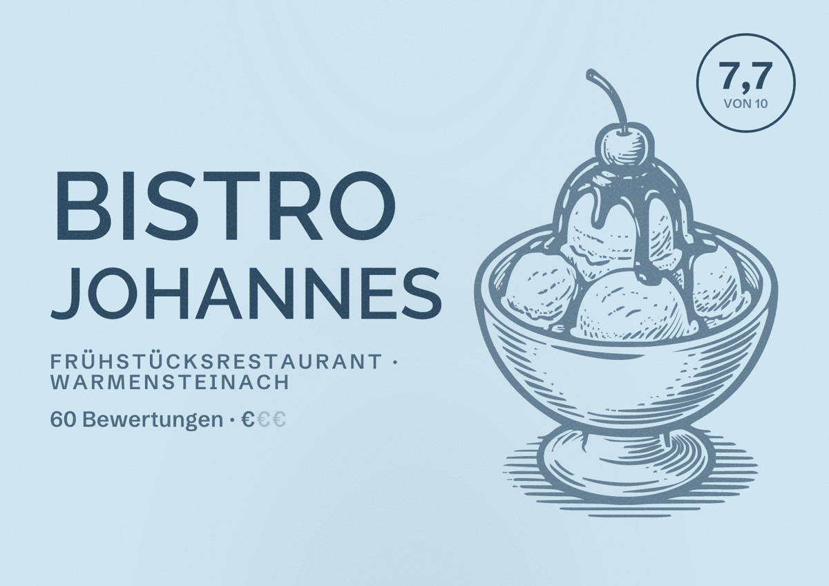 Illustriertes Poster von Bistro Johannes, Frühstücksrestaurant in Warmensteinach: Bewertung 7,7 von 10 aus 60 Bewertungen, Preisniveau €