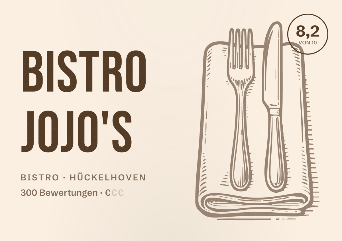 Illustriertes Poster von Bistro Jojo's, Bistro in Hückelhoven: Bewertung 8,2 von 10 aus 300 Bewertungen, Preisniveau €