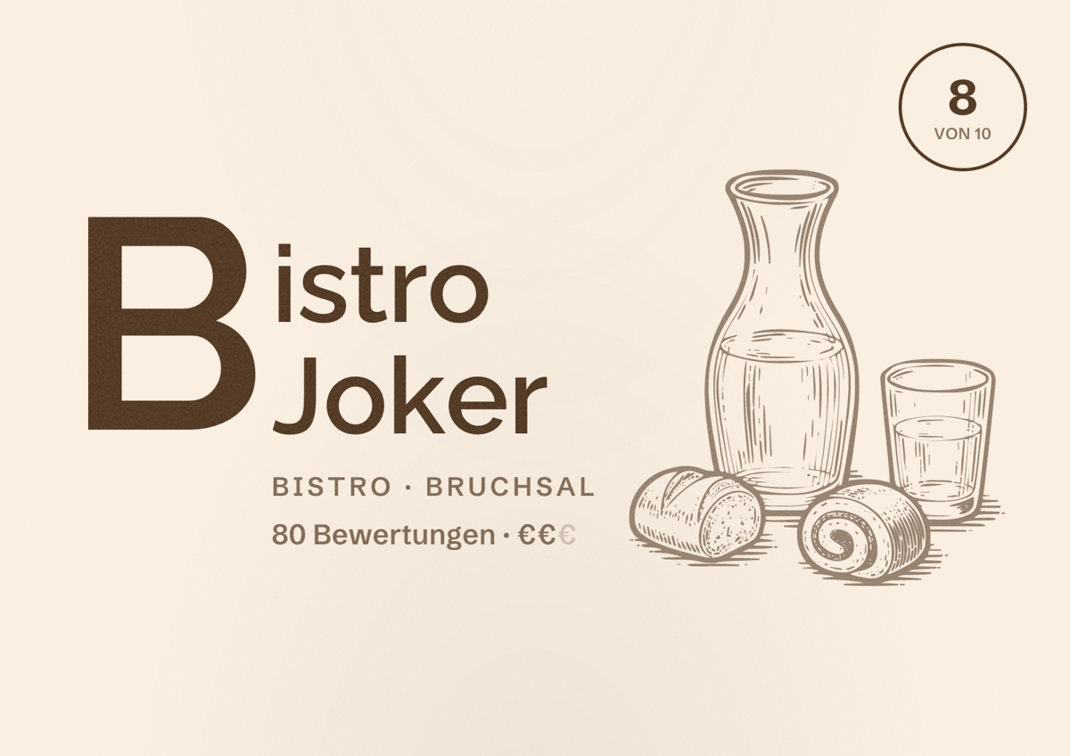 Illustriertes Poster von Bistro Joker, Bistro in Bruchsal: Bewertung 8 von 10 aus 80 Bewertungen, Preisniveau €€