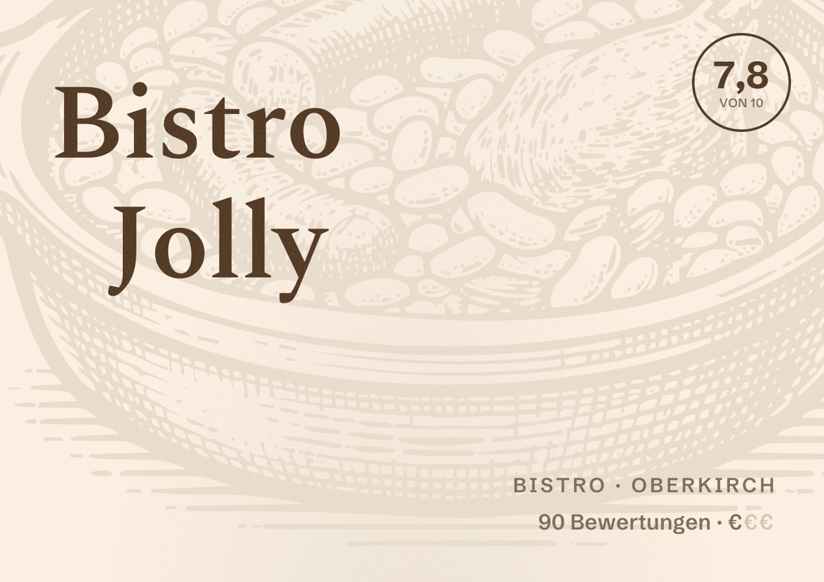 Illustriertes Poster von Bistro Jolly, Bistro in Oberkirch: Bewertung 7,8 von 10 aus 90 Bewertungen, Preisniveau €