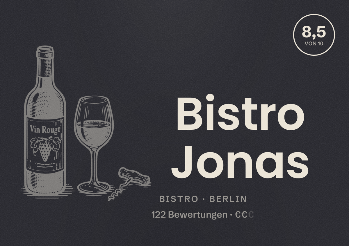 Illustriertes Poster von Bistro Jonas, Bistro in Berlin: Bewertung 8,5 von 10 aus 122 Bewertungen, Preisniveau €€