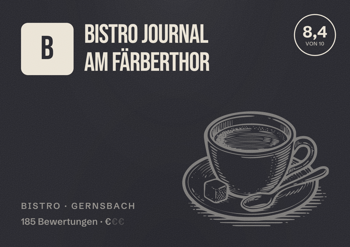 Illustriertes Poster von Bistro Journal am Färberthor, Bistro in Gernsbach: Bewertung 8,4 von 10 aus 185 Bewertungen, Preisniveau €