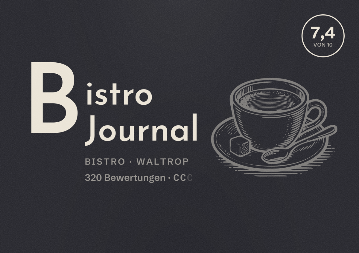 Illustriertes Poster von Bistro Journal, Bistro in Waltrop: Bewertung 7,4 von 10 aus 320 Bewertungen, Preisniveau €€