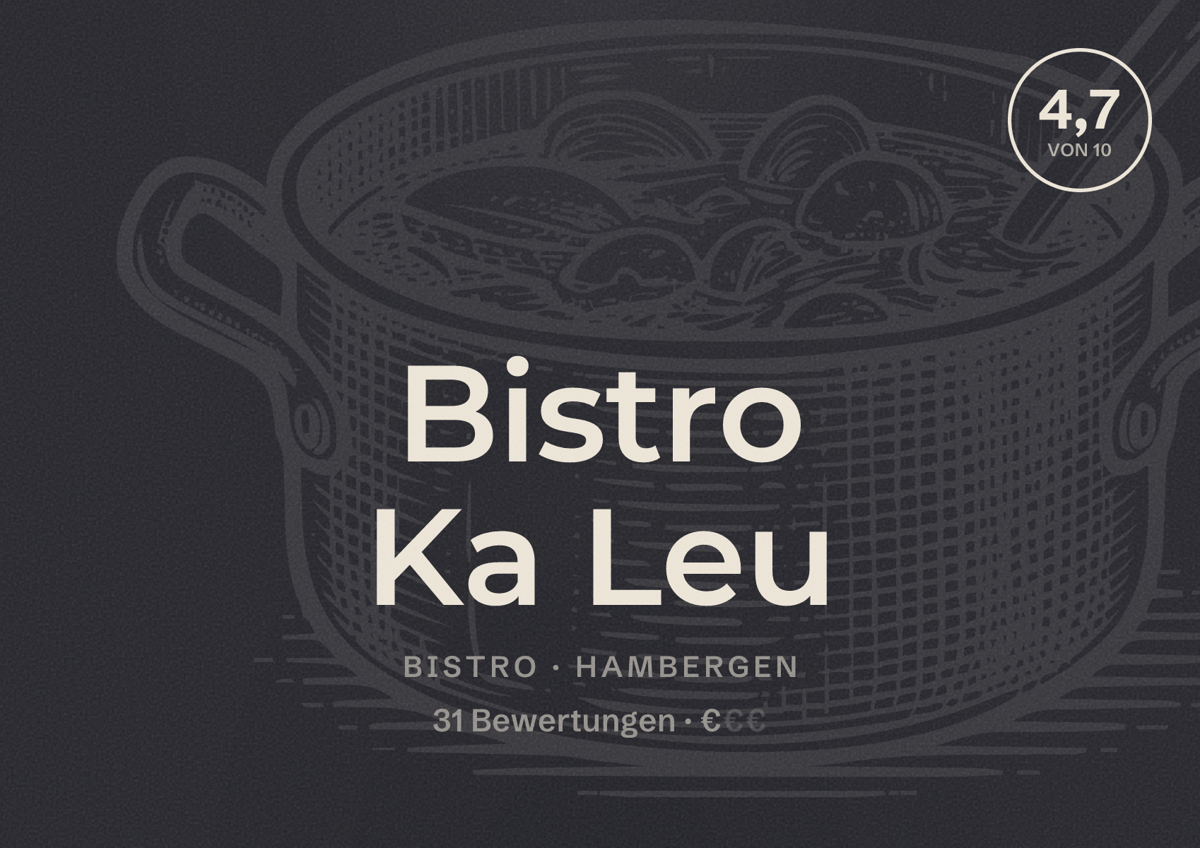 Illustriertes Poster von Bistro Ka Leu, Bistro in Hambergen: Bewertung 4,7 von 10 aus 31 Bewertungen, Preisniveau €