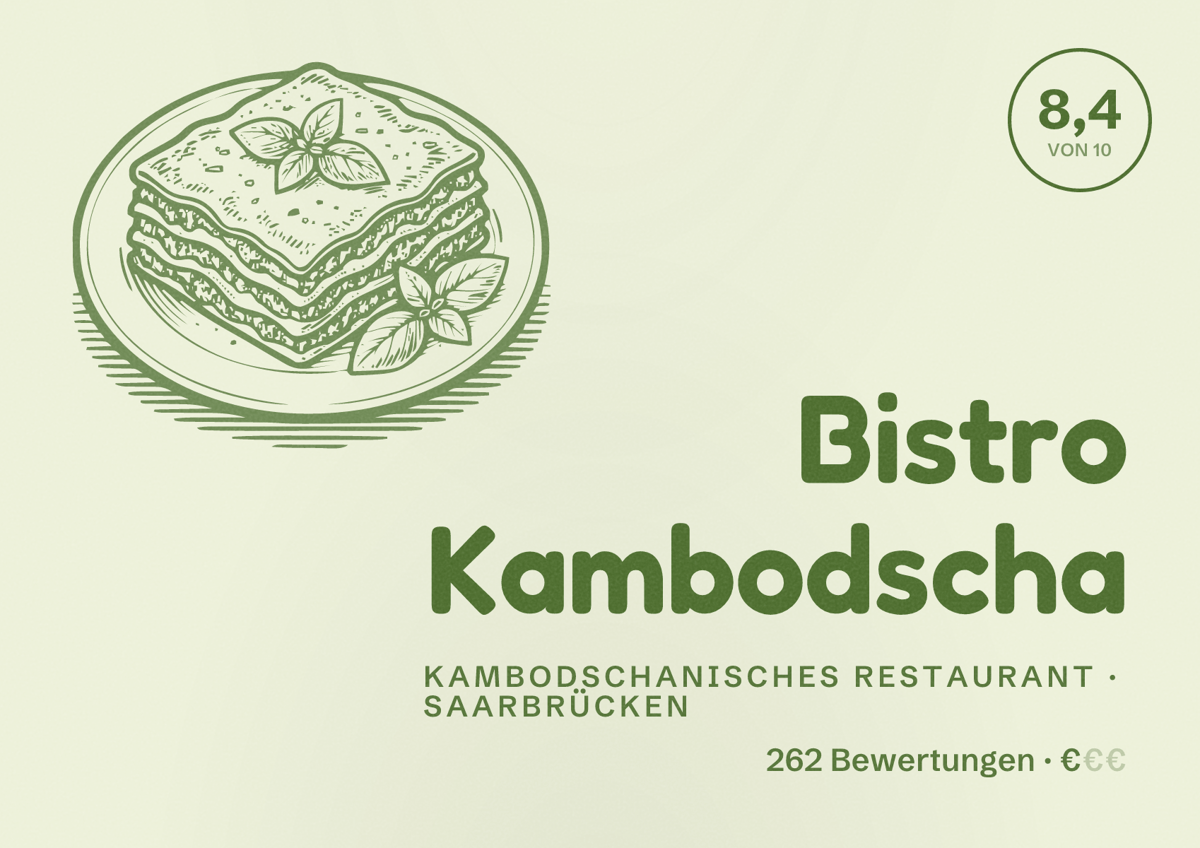 Illustriertes Poster von Bistro Kambodscha, Kambodschanisches Restaurant in Saarbrücken: Bewertung 8,4 von 10 aus 262 Bewertungen, Preisniveau €