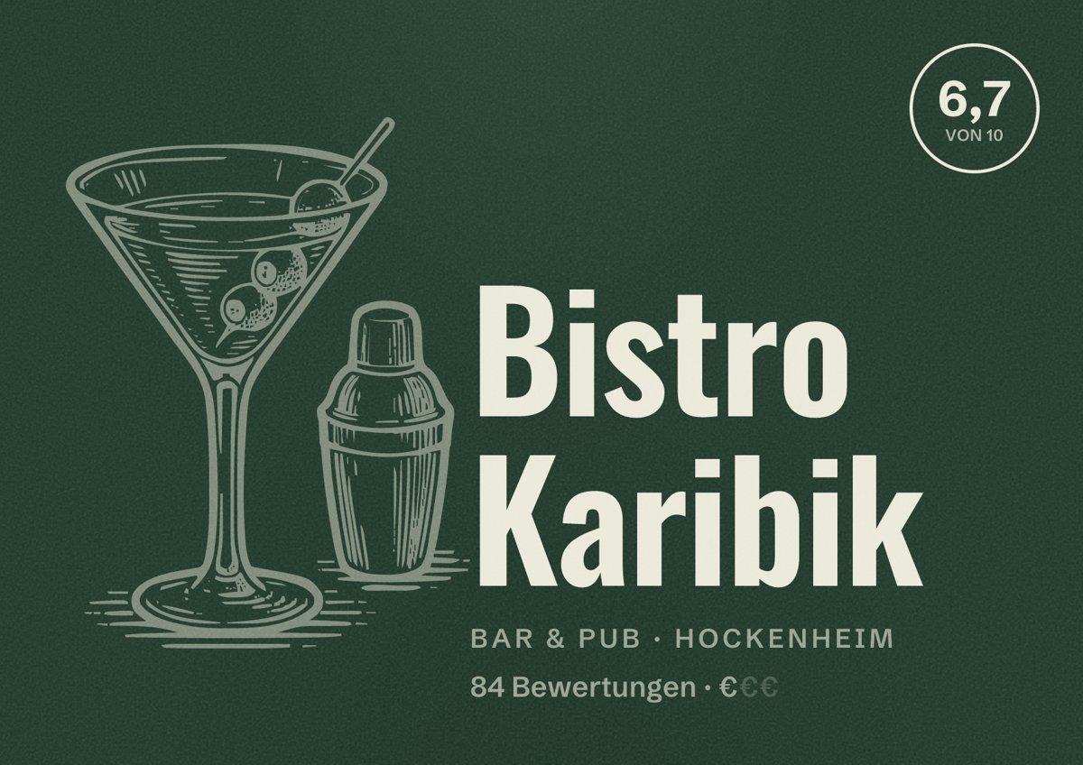Illustriertes Poster von Bistro Karibik, Bar & Pub in Hockenheim: Bewertung 6,7 von 10 aus 84 Bewertungen, Preisniveau €