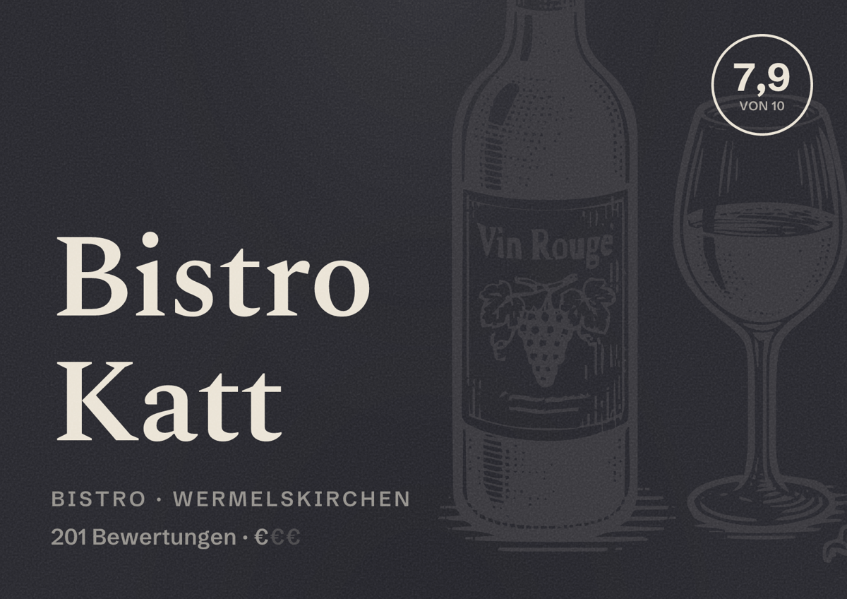 Illustriertes Poster von Bistro Katt, Bistro in Wermelskirchen: Bewertung 7,9 von 10 aus 201 Bewertungen, Preisniveau €