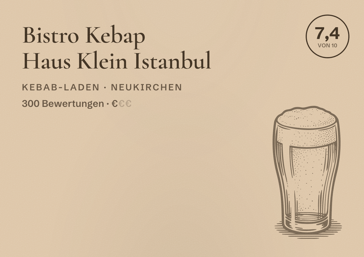 Illustriertes Poster von Bistro Kebap Haus Klein Istanbul, Kebab-Laden in Neukirchen: Bewertung 7,4 von 10 aus 300 Bewertungen, Preisniveau €